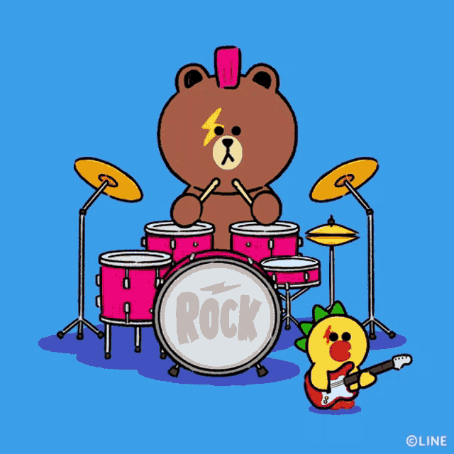 a cartoon of a bear playing drums and a duck playing a guitar