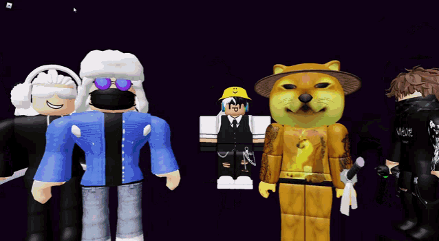 a group of roblox characters are standing next to each other including a doge