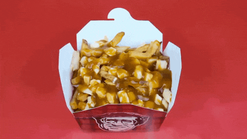 a close up of a box of poutine with gravy and cheese