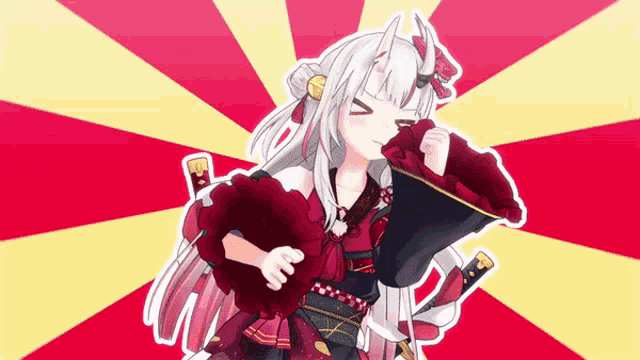 a cartoon character with white hair and horns holding a megaphone