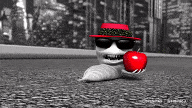 a cartoon worm wearing sunglasses and a red hat holds an apple