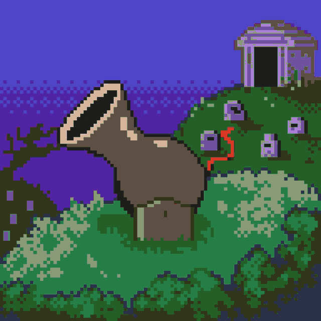 a pixel art drawing of a tree trunk with a sword in the background