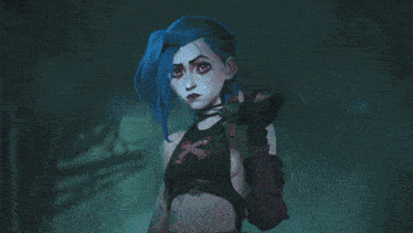 a close up of a girl 's face with a sword in her hand
