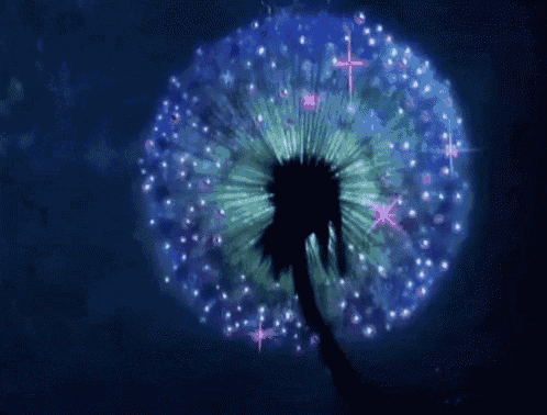 a dandelion with purple and green lights coming out of it 's center