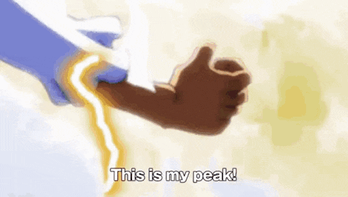 a person is holding a sword in their hand and saying `` this is my peak '' .