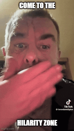 a man is covering his mouth with his hands and a meme says come to the hillarity zone .
