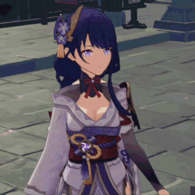 a video game character with purple hair and a sword