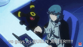 a boy is sitting at a desk with a laptop and a black cat behind him and the words yo guys its queen jester