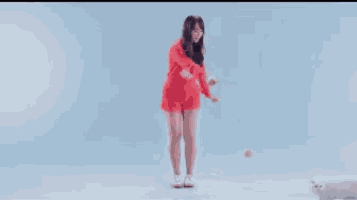 a woman in a red sweater and shorts is playing with a white cat