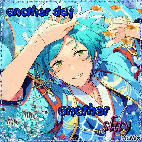 a picture of an anime character with the words another day another stay written on it