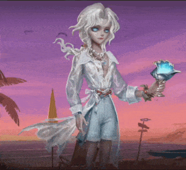 a girl with white hair and blue eyes is holding a seashell in her hand