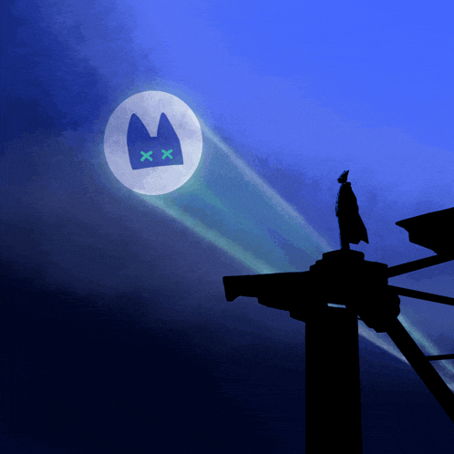 a silhouette of a man in a cape stands in front of a full moon with a cat with crossed eyes on it