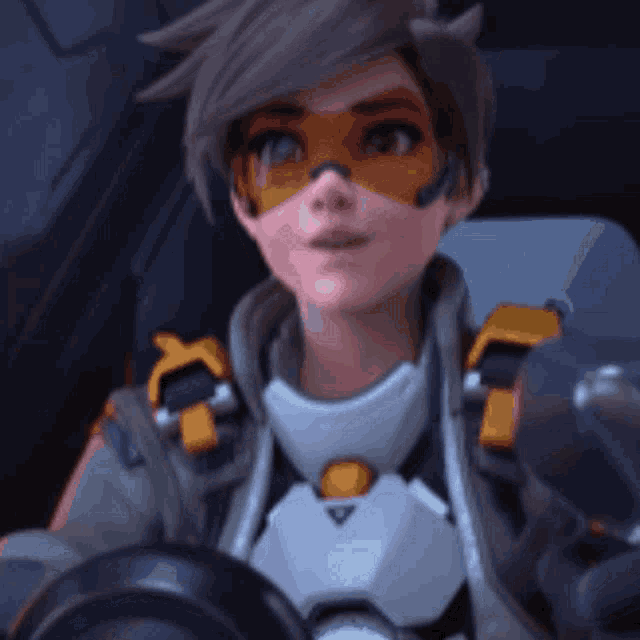 tracer from overwatch is driving a car with a steering wheel .