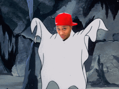 a cartoon drawing of a man wearing a red hat and a white shirt