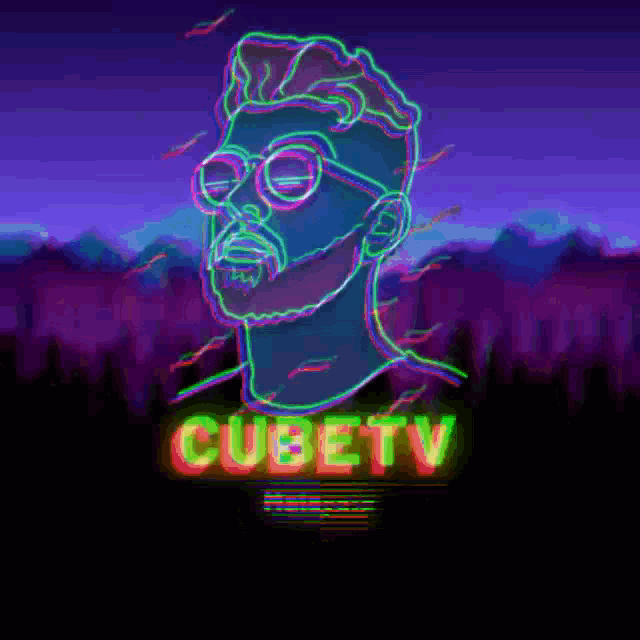 a neon sign of a man with a beard and the word cubetv behind him