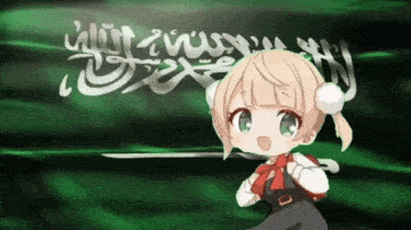 a little girl is standing in front of a green flag