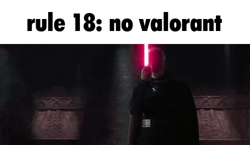 a man holding a red light saber with the words rule 18 no valorant below him