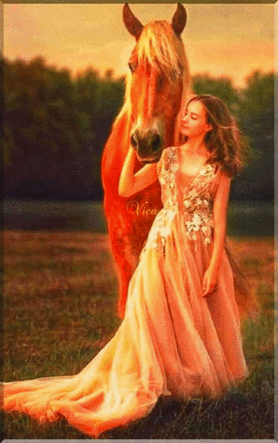 a woman in a long dress standing next to a horse with the name vica on the bottom right
