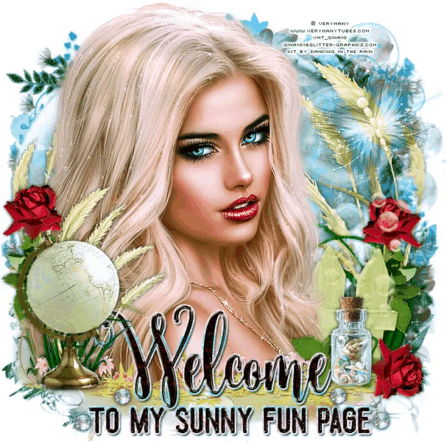 a picture of a woman with the words welcome to my sunny fun page below it