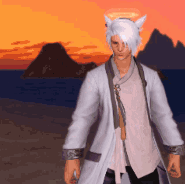 a man with white hair and a halo on his head is standing on a beach