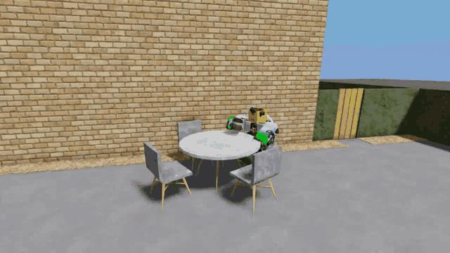 a 3d rendering of a table and chairs outside of a brick building