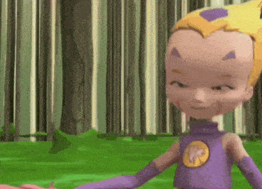 a cartoon character in a purple outfit is standing in a grassy area .