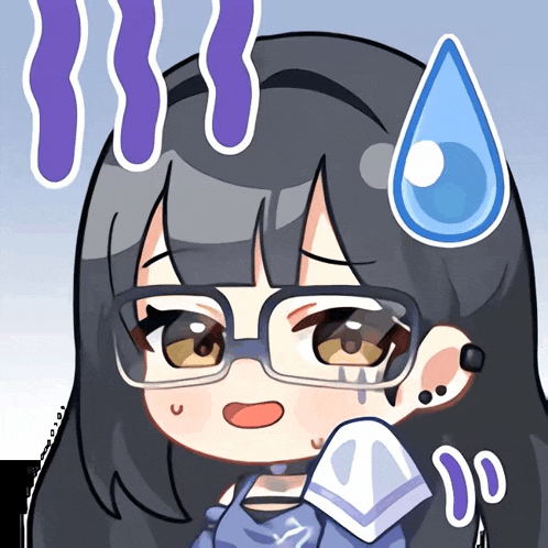 a cartoon drawing of a girl with glasses and a drop of sweat