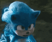 a close up of a sonic the hedgehog with lightning bolts coming out of his eyes .
