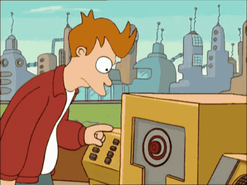 fry from futurama is playing a video game on a yellow box