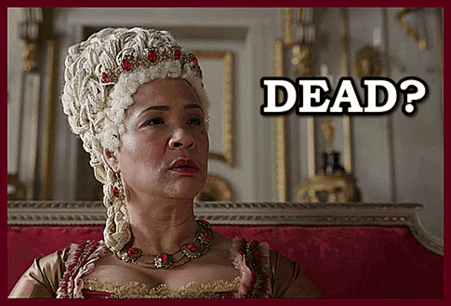 a woman in a wig is sitting on a couch next to a dead ? sign