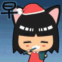 a cartoon of a girl brushing her teeth with a santa hat on