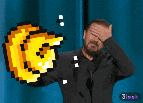 a man in a suit is crying while holding a pixelated coin in his hand