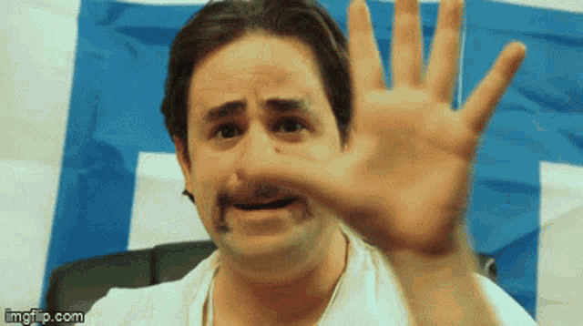 a man with a fake mustache is waving his hand in front of a blue and white banner that says imgflip.com