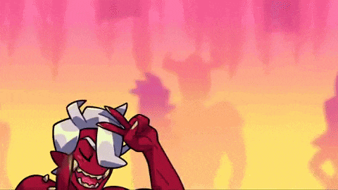 a cartoon devil is making a peace sign with his hand .
