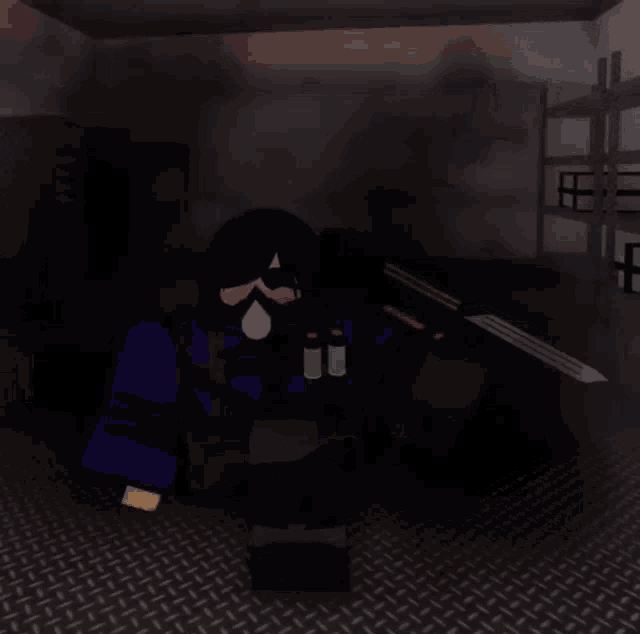 a cartoon character in a dark room holding a rifle
