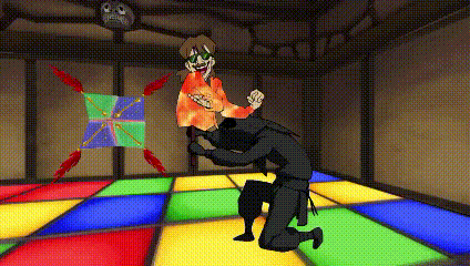 a cartoon of a man kneeling down on a colorful dance floor .