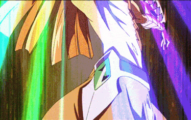 a cartoon character with a purple and green glowing background