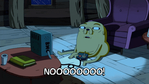 a cartoon character is playing a video game with the words nooo00000 below him
