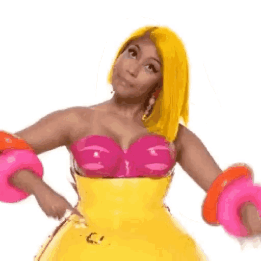 a woman with yellow hair is wearing a yellow and pink dress and holding pink floaties .