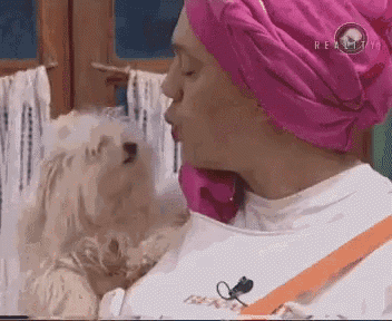 a woman in a pink turban is kissing a small white dog on the cheek .
