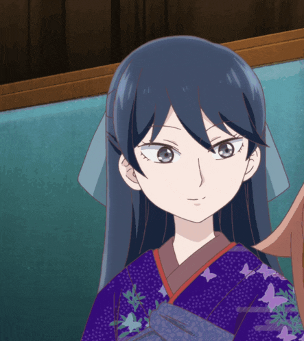 a drawing of a girl with blue hair and a purple kimono
