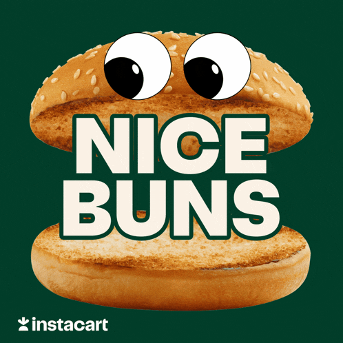 an advertisement for nice buns shows a hamburger with eyes