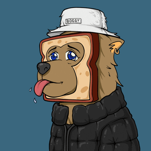a cartoon of a dog wearing a hat that says boggy on it