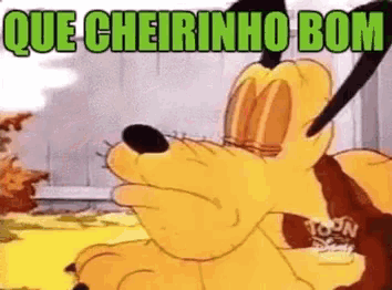 a cartoon of pluto says " que cheirinho bom "