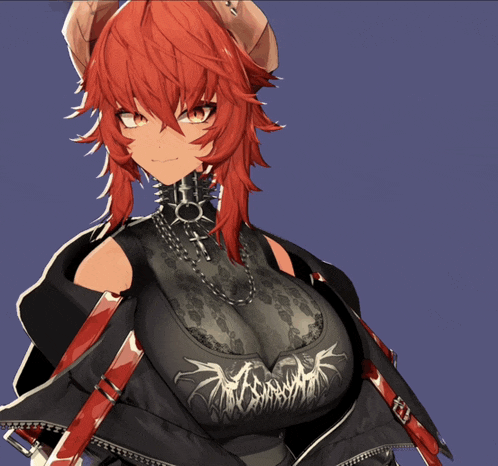 a girl with red hair and horns is wearing a black tank top with a graphic on it