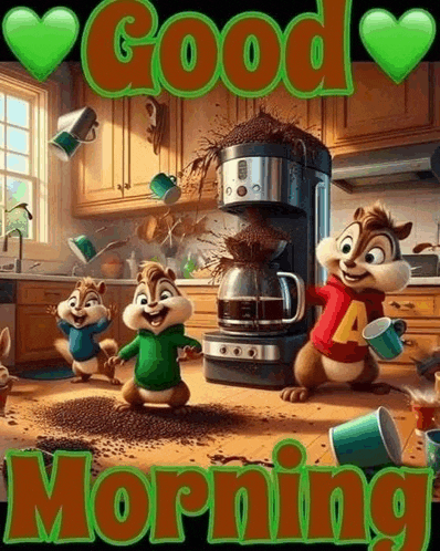three chipmunks are standing in front of a coffee maker in a kitchen with cups spilling out of it .