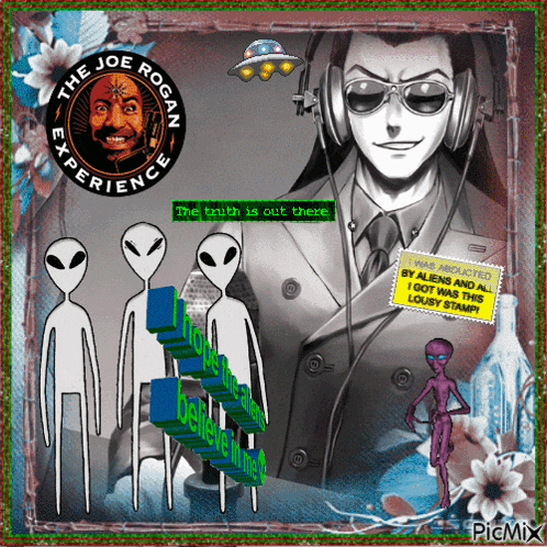 a collage of aliens and a man with headphones with the joe rogan experience logo