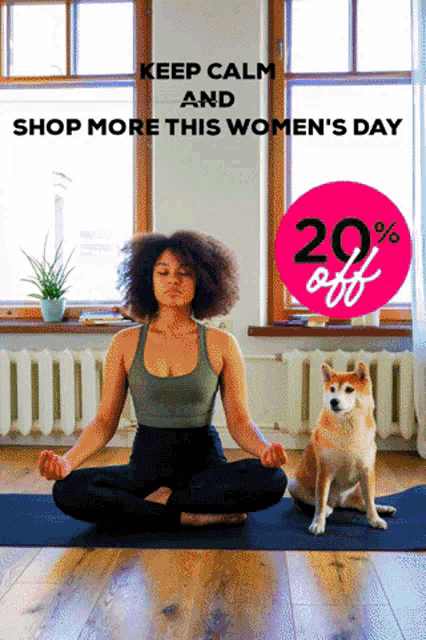 a woman sits on a yoga mat next to a dog with a 20 % off sign