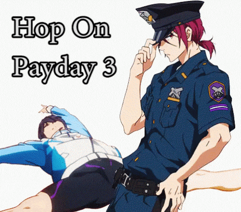 a man in a police uniform is standing next to another man with the words hop on payday 3 written above him