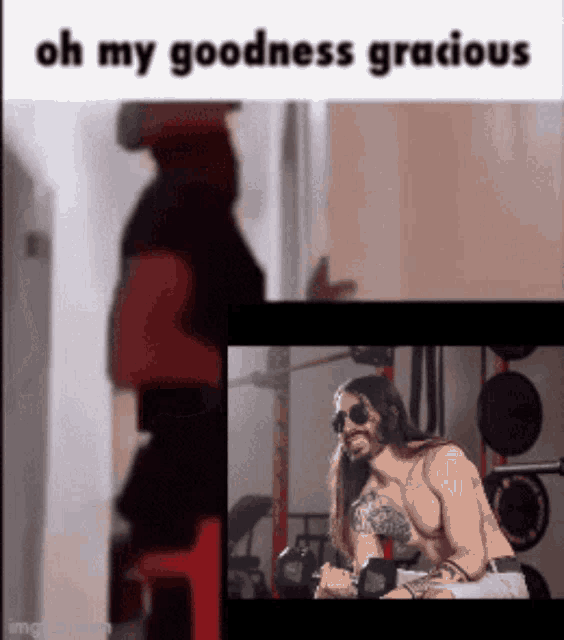 a man with long hair is lifting weights in a gym
